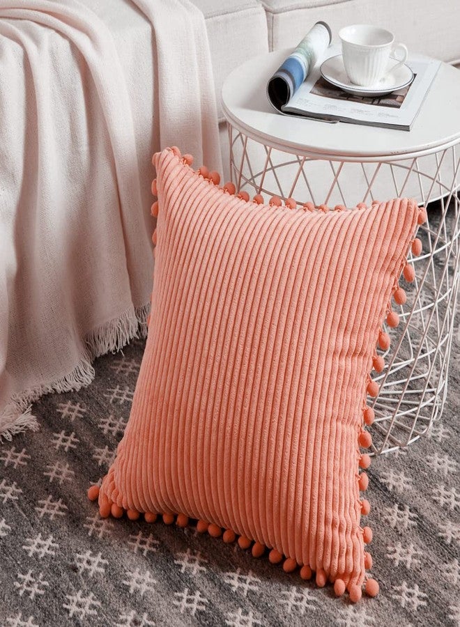 Fancy Homi Pack of 2 Coral Decorative Throw Pillow Covers 18x18 Inch with Pom-poms for Living Room Couch Bedroom, Soft Corduroy Peach Solid Square Cushion Case 45x45 cm, Rustic Farmhouse Home Decor - Image 2